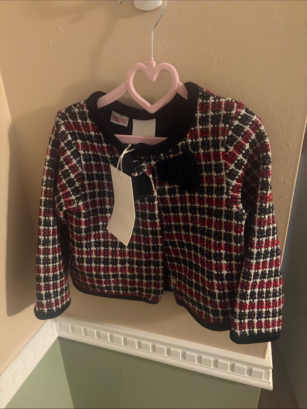 Girls Red & Black Tweed Jacket with Bow zara